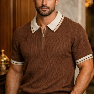 🎁 NOVIDADE 2026 Camisa Polo Tricô Luxuosa Caimento Perfeito Marrom com Bege + FRETE GRÁTIS