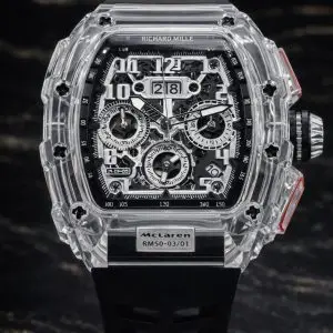 🎁 MEGA PROMOÇÃO Relógio RM MC LAREN 100% Funcional Fundo de Vidro Pulseira Preta Luxo e Destaque + Frete Grátis