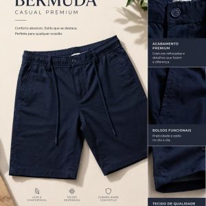 🎁 NOVIDADE 2026 Bermuda Casual Premium Azul Marinho Luxuosa Caimento Perfeito + FRETE GRÁTIS