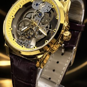 🎁  EXCLIVIDADE 2026 SKELETON ORIGINAL Luxo, Pulseira em Couro Marrom e Caixa Dourada Sofisticação e Presença + FRETE GRÁTIS