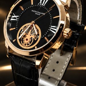  🎁 MEGA PROMOÇÃO Relógio Patek Mostrador Preto Caixa Bronze Aço Inox + Pulseira Couro Preta Luxo e Destaque + FRETE GRÁTIS