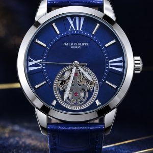  🎁 MEGA PROMOÇÃO Relógio Patek Azul Caixa Aço Inox Prata + Pulseira Couro Luxo e Destaque + FRETE GRÁTIS