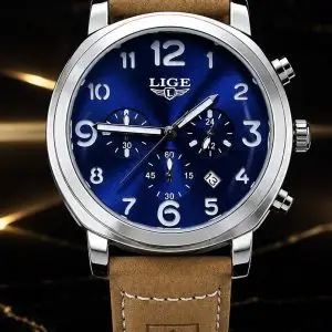 🎁  MEGA PROMOÇÃO ORIGINAL Lige  Pulseira Camurça Caixa Aço Inox Mostrador Azul Luxo e Sofisticação + FRETE GRÁTIS