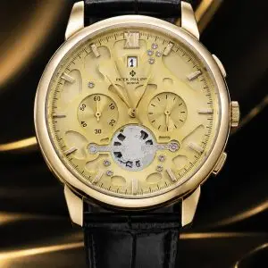 🎁 MEGA PROMOÇÃO Relógio Patek Mostrador Dourado Caixa Banhada + Pulseira Couro Preta Luxo e Destaque + FRETE GRÁTIS