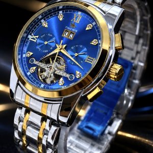 🎁 MEGA PROMOÇÃO ORIGINAL TIMEWINS AUTOMÁTICO Pulseira Aço Inox Detalhes Dourado Mostrador Azul e Sofisticação + FRETE GRÁTIS