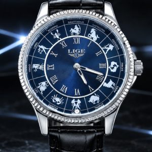 🎁 MEGA PROMOÇÃO ORIGINAL Lige Signos Mostrador Azul Pulseira Couro Preta Caixa Aço Inox Azul Luxo e Sofisticação + FRETE GRÁTIS