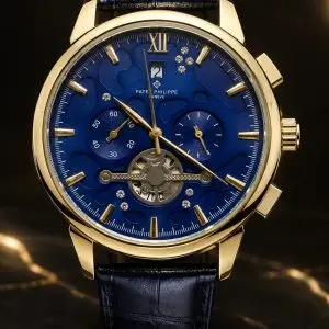 🎁 MEGA PROMOÇÃO Relógio Patek Mostrador Azul Caixa Banhada + Pulseira Couro Preta Luxo e Destaque + FRETE GRÁTIS
