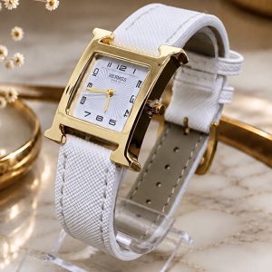 🎁 LANÇAMENTO Modelo Hermês Feminino Mostrador Branco Caixa Banhada Pulseira Branca Minimalista + Frete Grátis