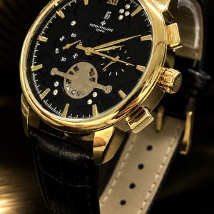 🎁MEGA PROMOÇÃO Relógio Patek Preto Caixa Dourada + Pulseira Couro Luxo e Destaque + FRETE GRÁTIS