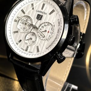  🎁 MEGA PROMOÇÃO Relógio TAG Mostrador Branco 100% Funcional Pulseira de Couro Preta Luxo e Destaque + FRETE GRÁTIS