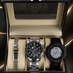  🎁 MEGA PROMOÇÃO KIT DIA DOS PAIS 4 ITENS Caixa Organizadora + Tag Carrera Mostrador Preto + Xufeng Original + Pulseira LV + FRETE GRÁTIS