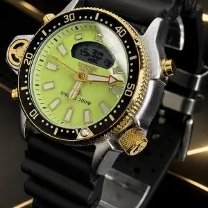 🎁 MEGA PROMOÇÃO Relógio Citize Promaster Aqualand Mostrador Verde Detalhes Dourados 100% Funcional Digital e Analógico Luxo e Destaque + FRETE GRÁTIS