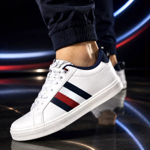 🎁 MEGA PROMOÇÃO Tênis Masculino TH Branco com Detalhes Azul e Vermelho Luxo e Destaque + FRETE GRÁTIS