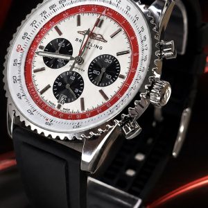 🎁 MEGA PROMOÇÃO Relógio Breitiling 100% Funcional Fundo de Vidro Mostrador Branco Detalhes Vermelho + Luxo e Destaque + FRETE GRÁTIS