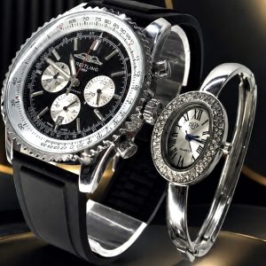 🎁 MEGA PROMOÇÃO KIT CASAL Breitiling Preto 100% Funcional Masculino e DHP Original Feminino em Aço Inox Com Pedras Mostrador Preto Luxo e Sofisticação + FRETE GRÁTIS