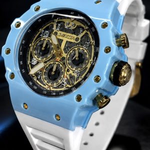  🎁 LANÇAMENTO Invicta Racing ORIGINAL 100% Funcional Mostrador Preto Detalhes Dourado Caixa Azul Pulseira em Silicone Branca Luxo e Sofisticação + FRETE GRÁTIS