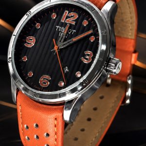 🎁 MEGA PROMOÇÃO Relógio Tisso 1853 Mostrador Preto Caixa em Aço Inox Pulseira em Couro Laranja Luxo e Destaque Absoluto + FRETE GRÁTIS