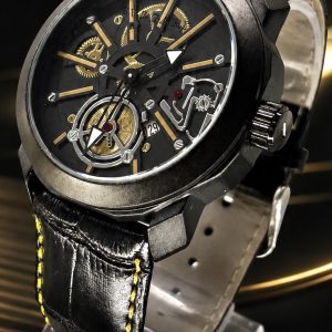 🎁 MEGA PROMOÇÃO Relógio BVG Esqueleto All Black Detalhes Dourado Fundo de Vidro Pulseira em Couro Luxo e Destaque + FRETE GRÁTIS