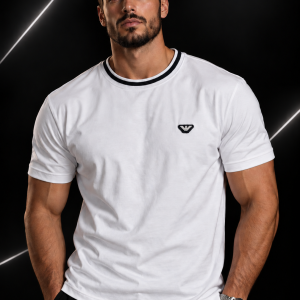 🎁 MEGA PROMOÇÃO Camisa Arman Branca Gola Preta Caimento Perfeito Elegância e Destaque + FRETE GRÁTIS