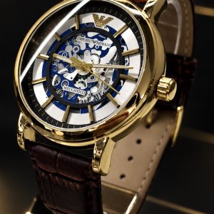 🎁 MEGA PROMOÇÃO Relógio Arman Caixa Banhada Mostrador Branco com Azul e Dourado Pulseira em Couro Marrom Luxo e Destaque + FRETE GRÁTIS