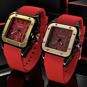 🎁 MEGA PROMOÇÃO KIT CASAL CARTIE Vermelho 1 Masculino e 1 Feminino Caixa  em Aço Inox Black Pulseira em Silicone Luxo e Sofisticação+ FRETE GRÁTIS